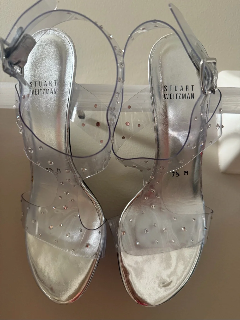 Stuart Weitzman Clear Crystal T-Strap Sandal with Silver Heel